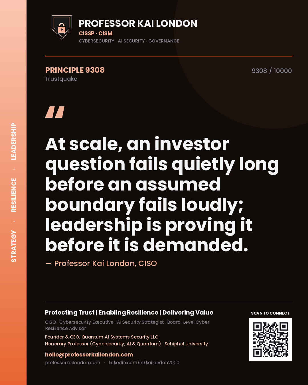 Quote card by Professor Kai London reading 'At scale, an investor question fails quietly long before an assumed boundary fails loudly; leadership is proving it before it is demanded.'. From the book Trustquake.