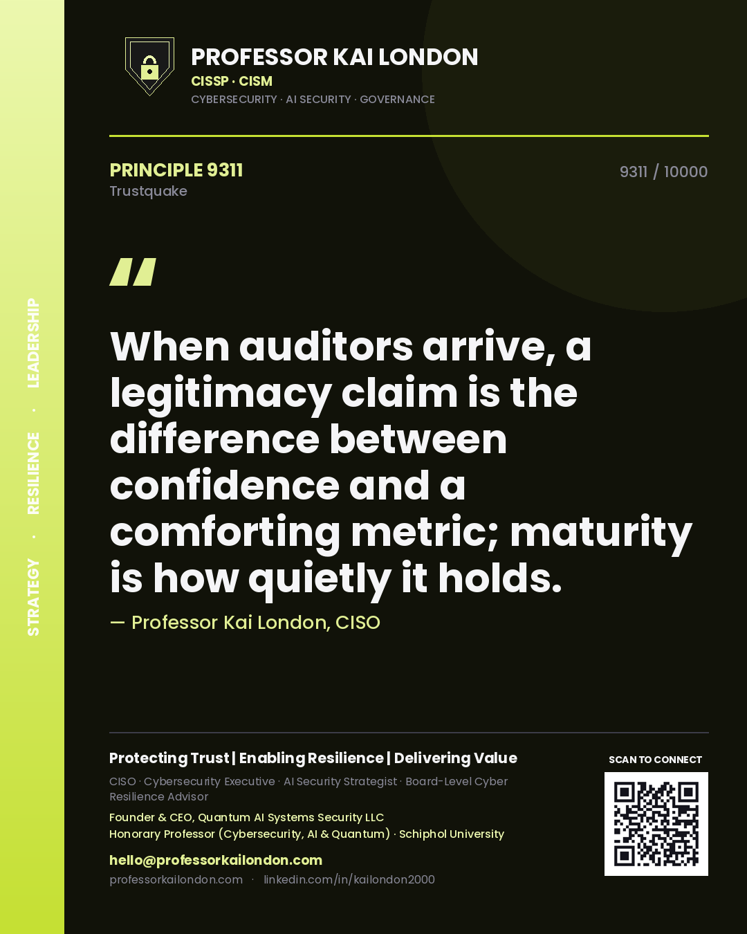 Professor Kai London principle 9311: When auditors arrive, a legitimacy claim is the difference between confidence and a comforting metric; maturity is how quietly it holds.