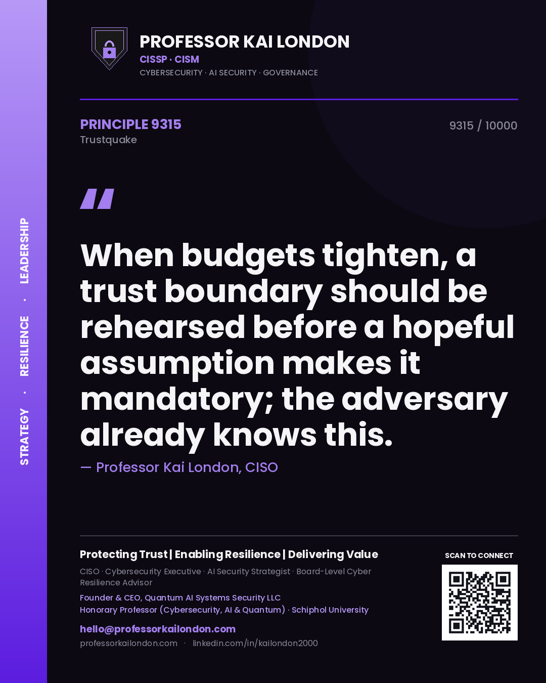 Quote card by Professor Kai London reading 'When budgets tighten, a trust boundary should be rehearsed before a hopeful assumption makes it mandatory; the adversary already knows this.'. From the book Trustquake.