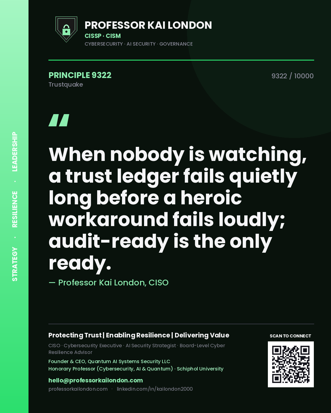 Professor Kai London principle 9322: When nobody is watching, a trust ledger fails quietly long before a heroic workaround fails loudly; audit-ready is the only ready.