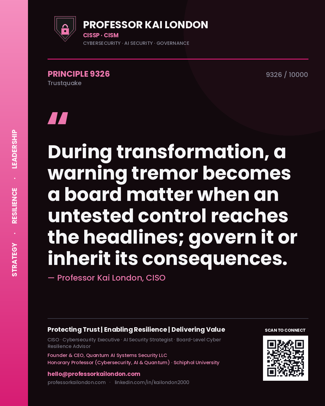 Quote card by Professor Kai London reading 'During transformation, a warning tremor becomes a board matter when an untested control reaches the headlines; govern it or inherit its consequences.'. From the book Trustquake.