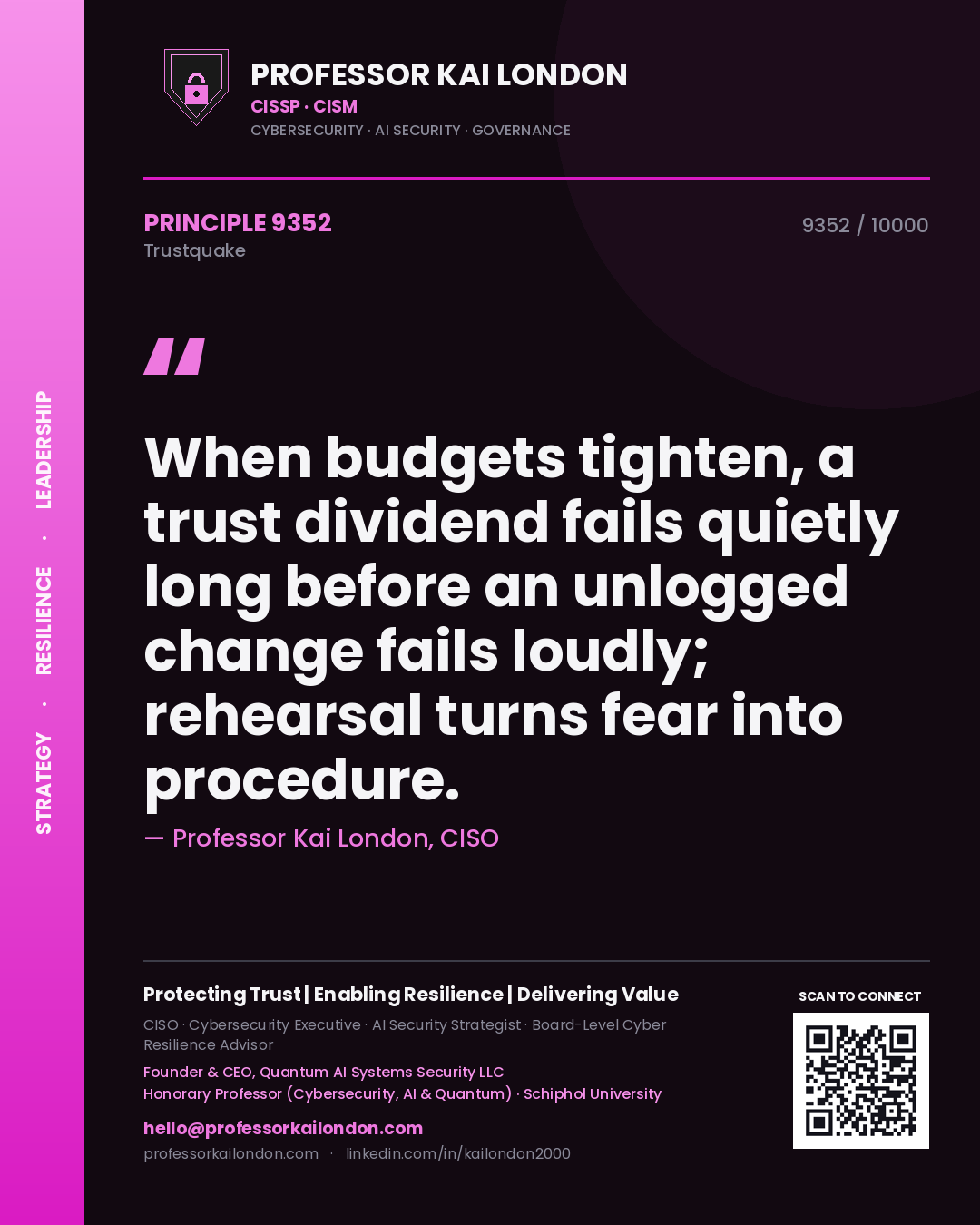 Quote card by Professor Kai London reading 'When budgets tighten, a trust dividend fails quietly long before an unlogged change fails loudly; rehearsal turns fear into procedure.'. From the book Trustquake.