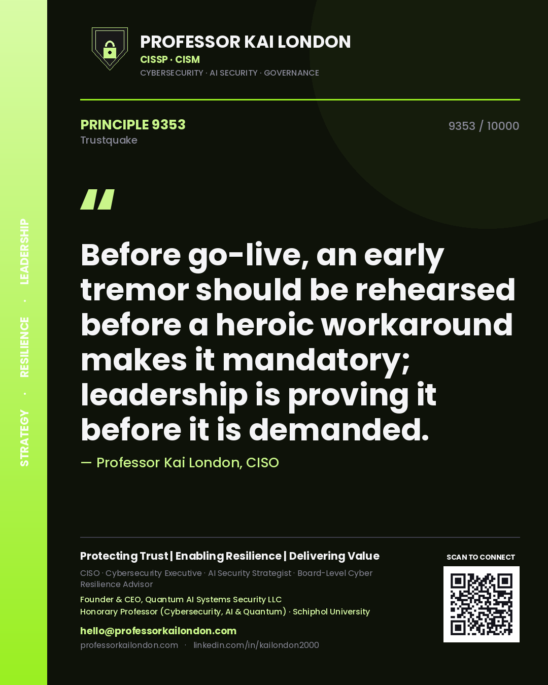 Quote card by Professor Kai London reading 'Before go-live, an early tremor should be rehearsed before a heroic workaround makes it mandatory; leadership is proving it before it is demanded.'. From the book Trustquake.