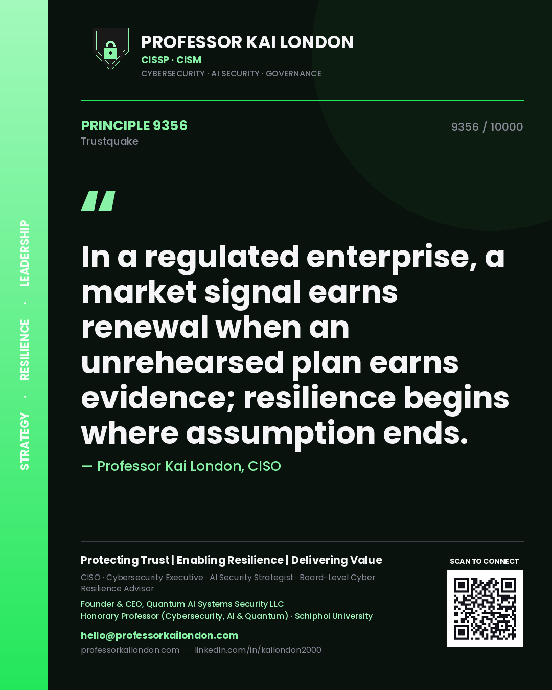 Professor Kai London principle 9356: In a regulated enterprise, a market signal earns renewal when an unrehearsed plan earns evidence; resilience begins where assumption ends.