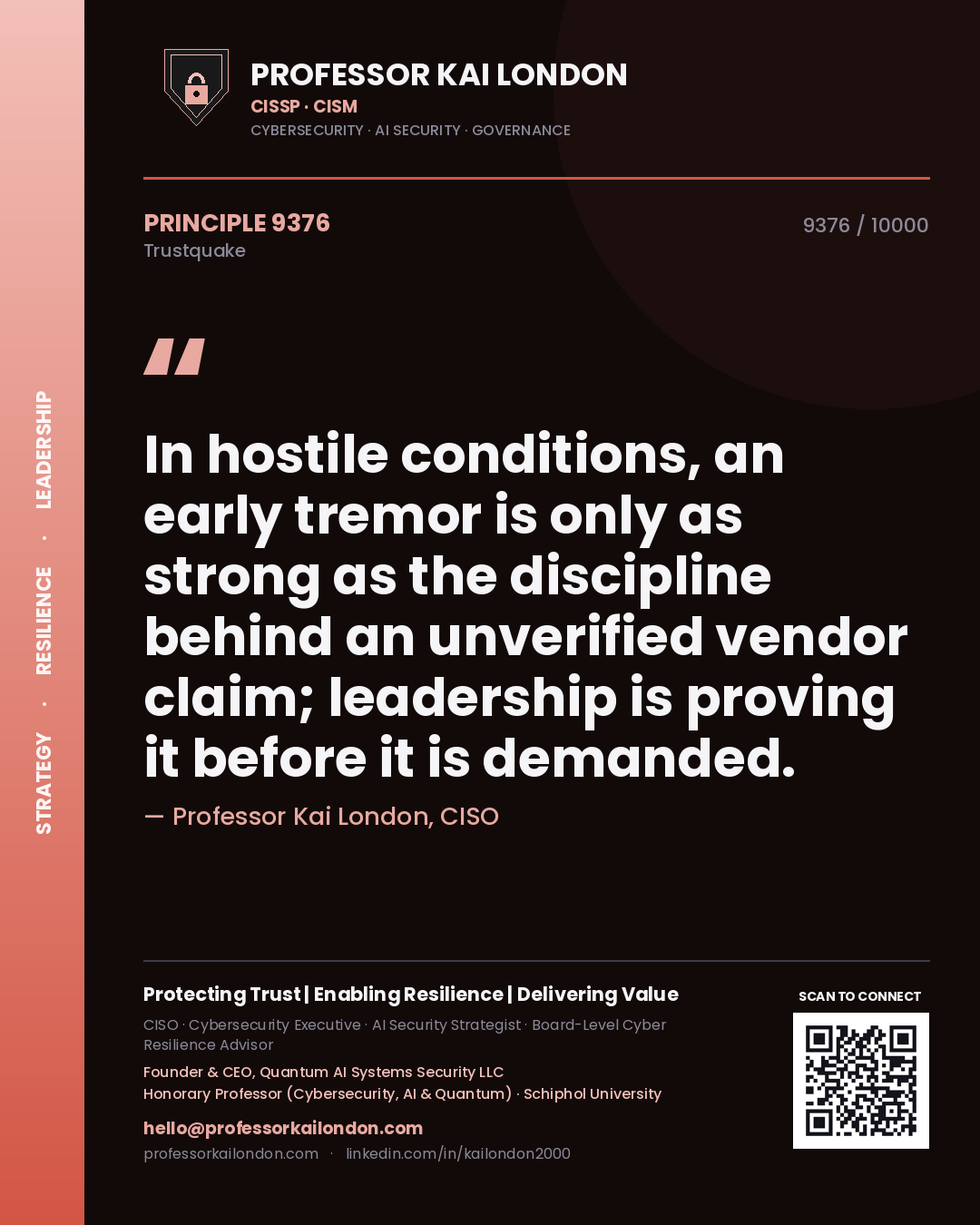 Professor Kai London principle 9376: In hostile conditions, an early tremor is only as strong as the discipline behind an unverified vendor claim; leadership is proving it before it is demanded.