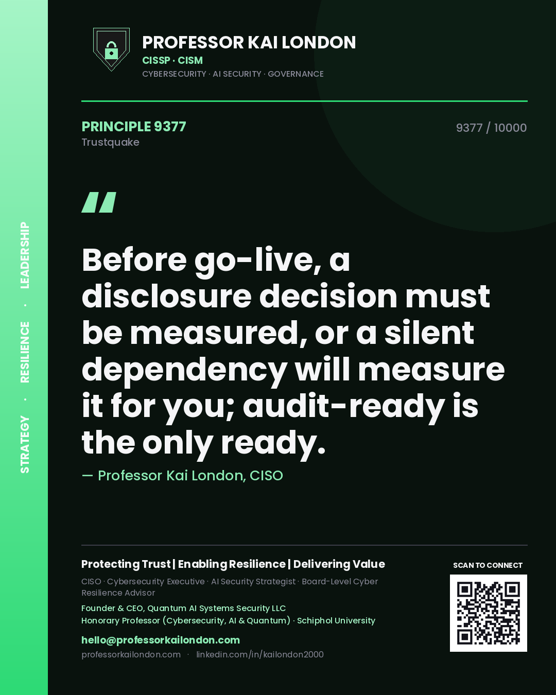Quote card by Professor Kai London reading 'Before go-live, a disclosure decision must be measured, or a silent dependency will measure it for you; audit-ready is the only ready.'. From the book Trustquake.