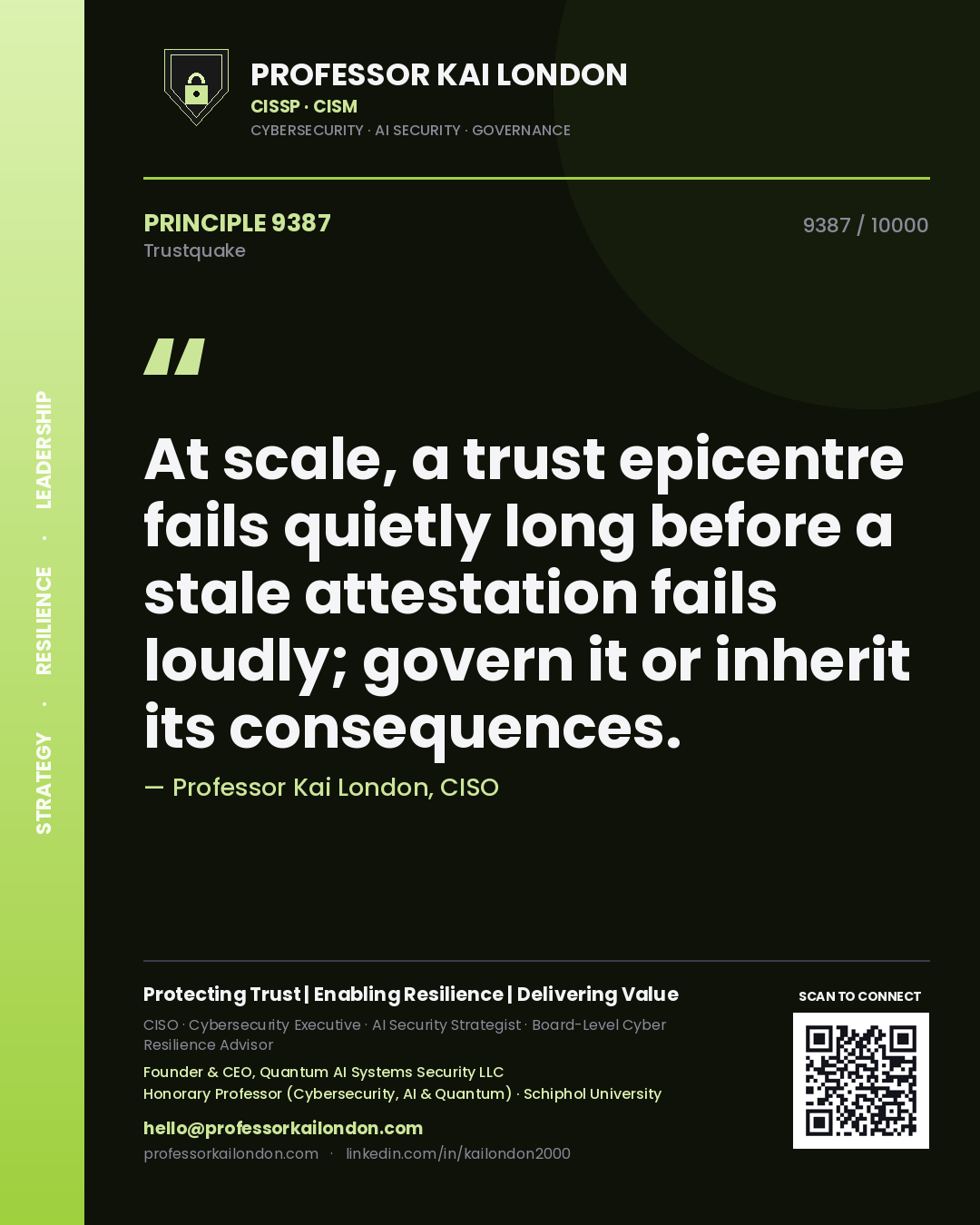 Quote card by Professor Kai London reading 'At scale, a trust epicentre fails quietly long before a stale attestation fails loudly; govern it or inherit its consequences.'. From the book Trustquake.