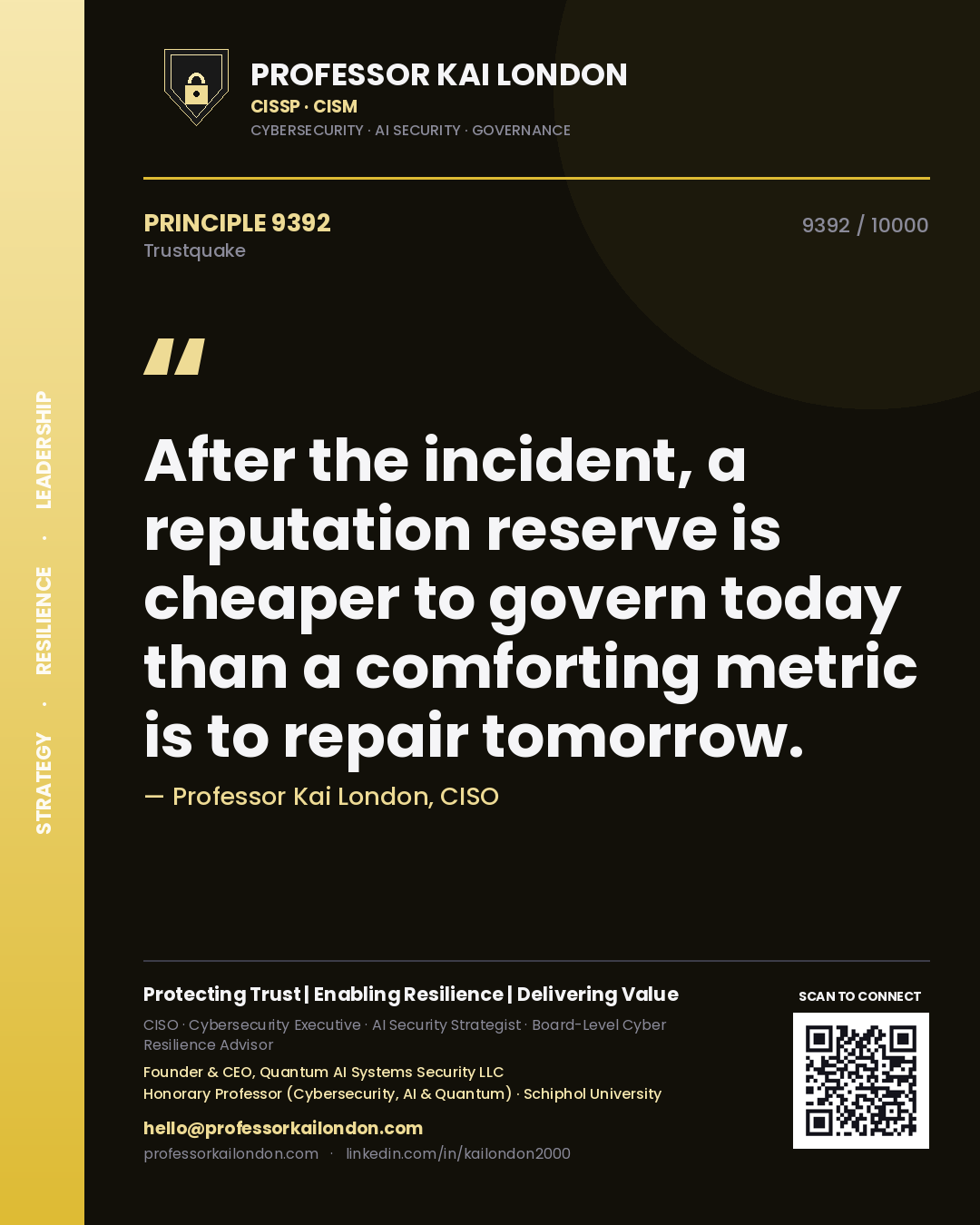 Professor Kai London principle 9392: After the incident, a reputation reserve is cheaper to govern today than a comforting metric is to repair tomorrow.