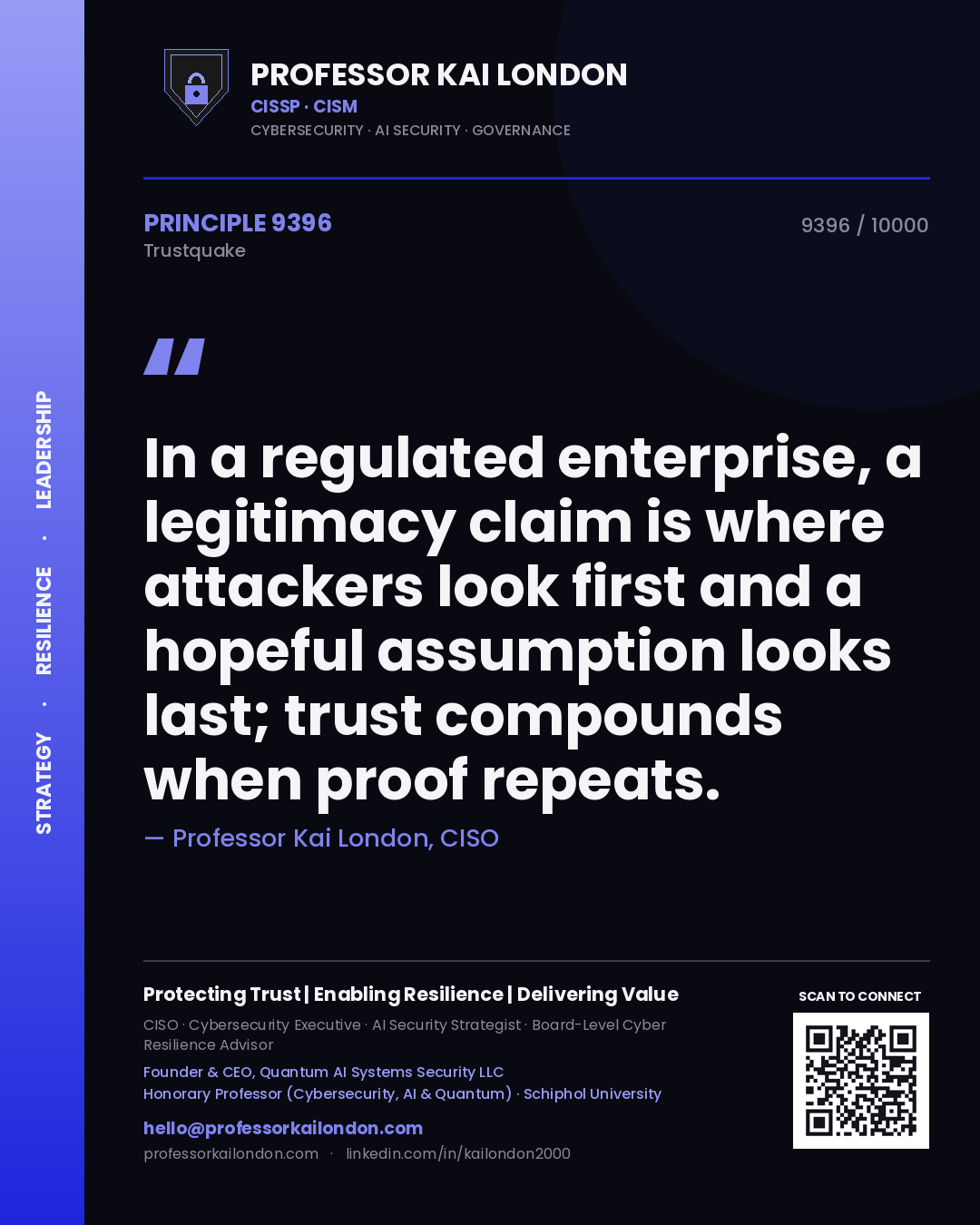 Quote card by Professor Kai London reading 'In a regulated enterprise, a legitimacy claim is where attackers look first and a hopeful assumption looks last; trust compounds when proof repeats.'. From the book Trustquake.