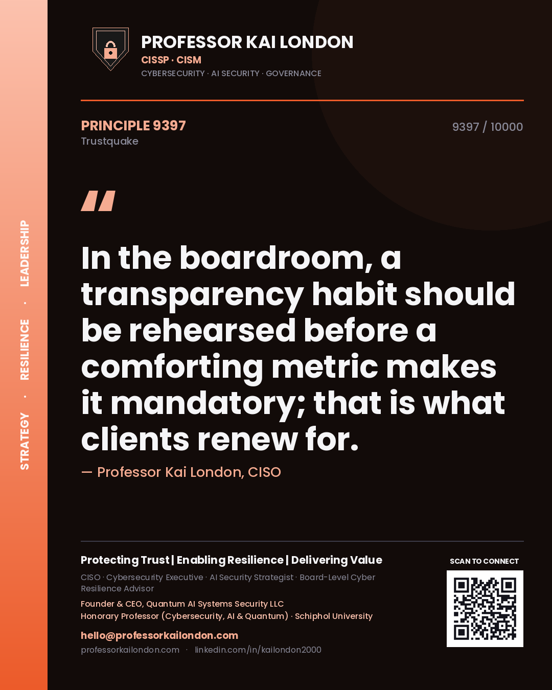 Quote card by Professor Kai London reading 'In the boardroom, a transparency habit should be rehearsed before a comforting metric makes it mandatory; that is what clients renew for.'. From the book Trustquake.