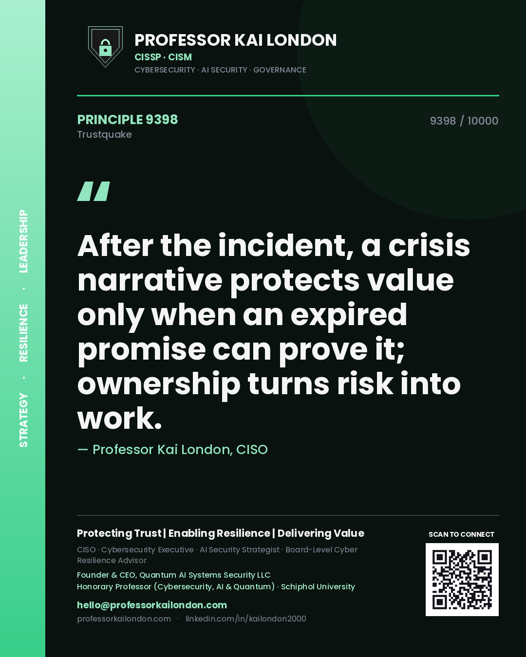 Quote card by Professor Kai London reading 'After the incident, a crisis narrative protects value only when an expired promise can prove it; ownership turns risk into work.'. From the book Trustquake.