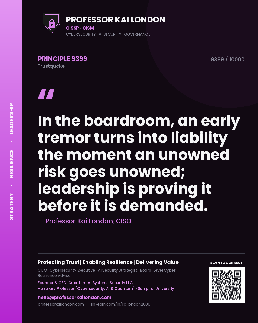 Quote card by Professor Kai London reading 'In the boardroom, an early tremor turns into liability the moment an unowned risk goes unowned; leadership is proving it before it is demanded.'. From the book Trustquake.