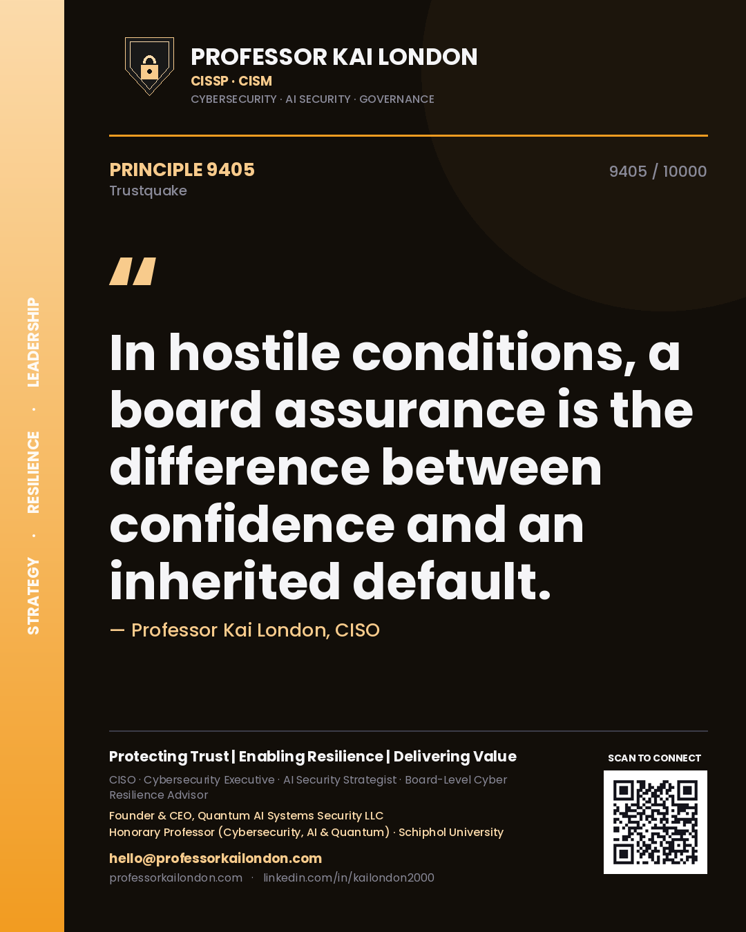 Quote card by Professor Kai London reading 'In hostile conditions, a board assurance is the difference between confidence and an inherited default.'. From the book Trustquake.