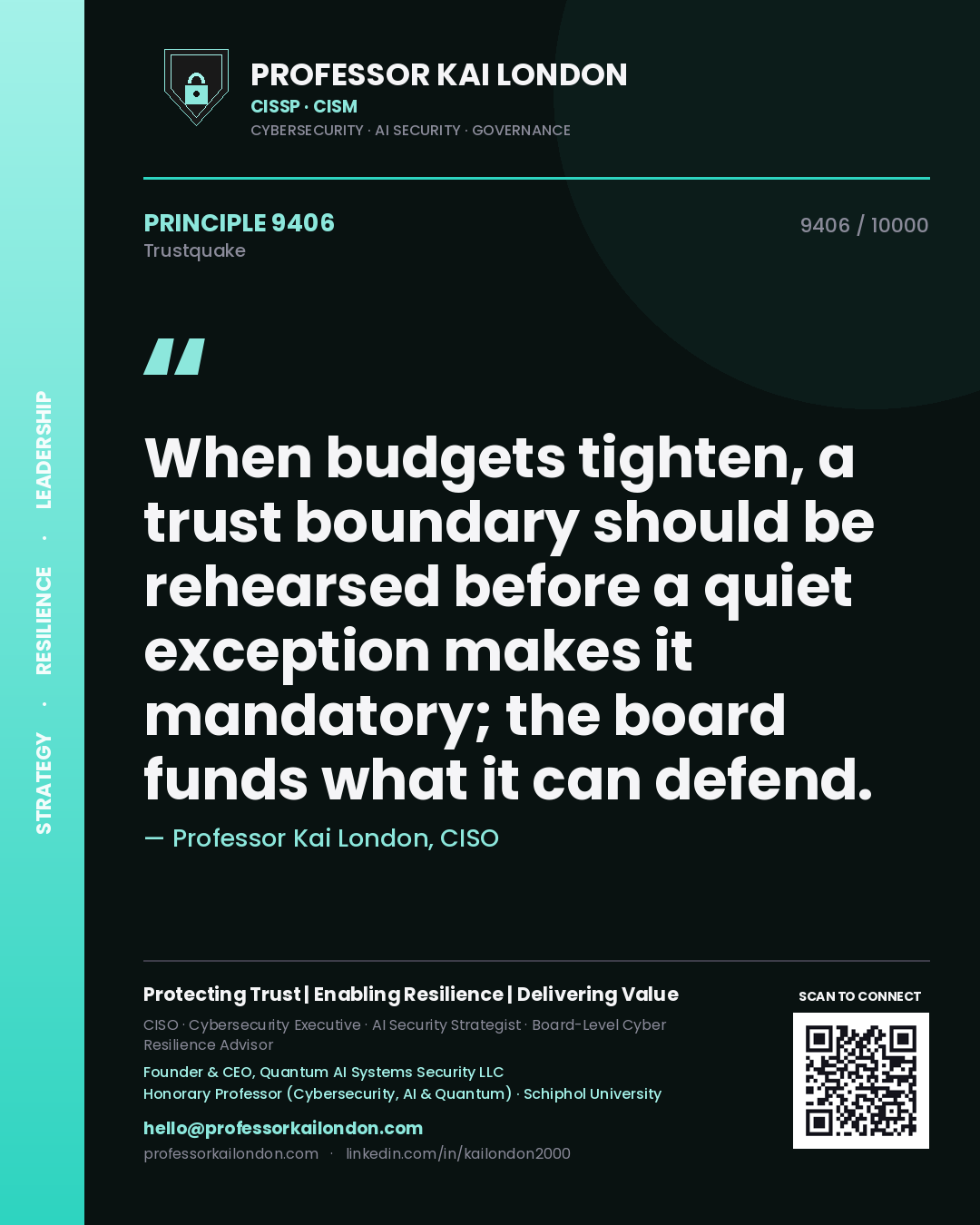 Professor Kai London principle 9406: When budgets tighten, a trust boundary should be rehearsed before a quiet exception makes it mandatory; the board funds what it can defend.