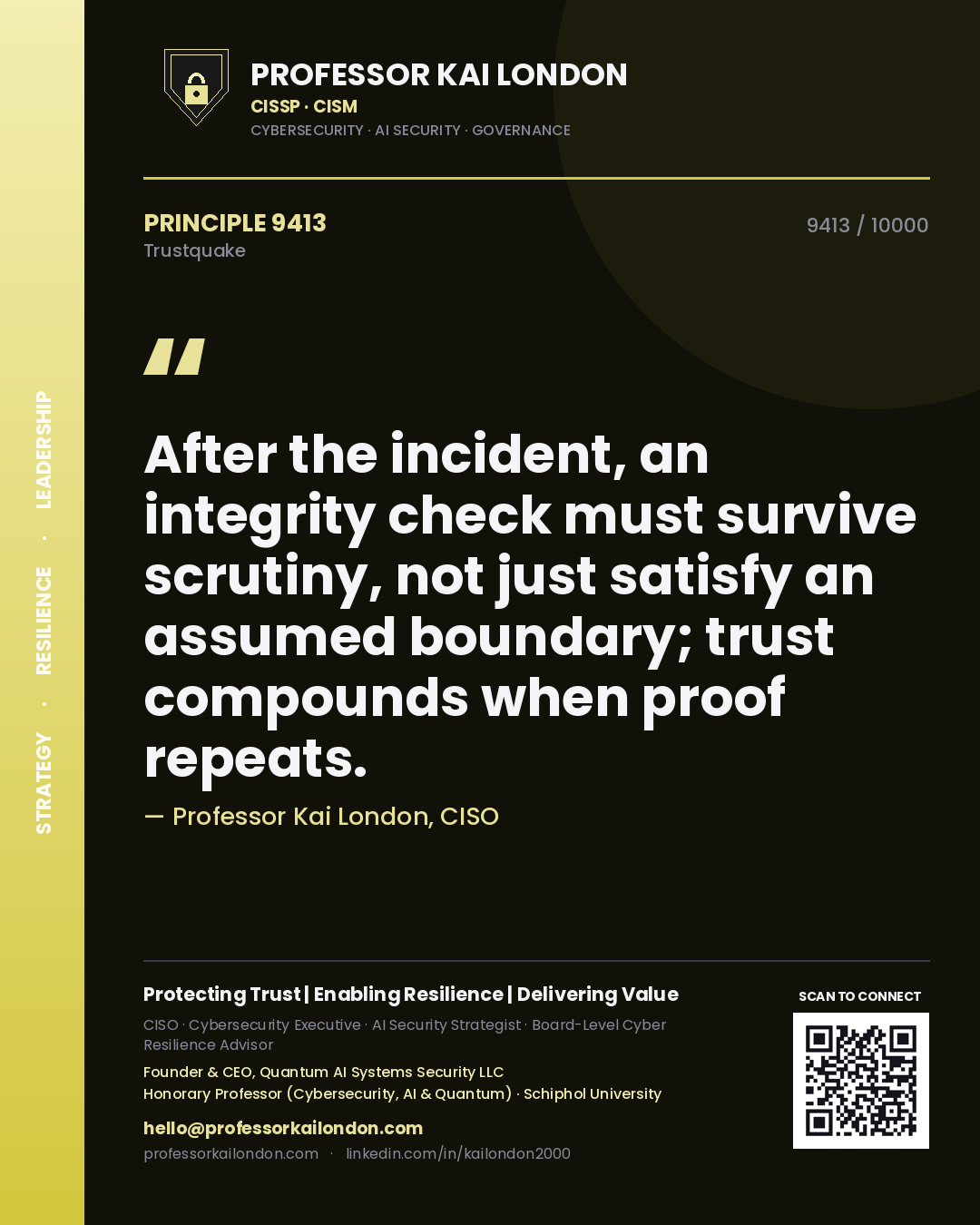 Professor Kai London principle 9413: After the incident, an integrity check must survive scrutiny, not just satisfy an assumed boundary; trust compounds when proof repeats.