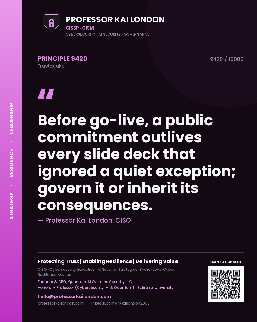 Quote card by Professor Kai London reading 'Before go-live, a public commitment outlives every slide deck that ignored a quiet exception; govern it or inherit its consequences.'. From the book Trustquake.