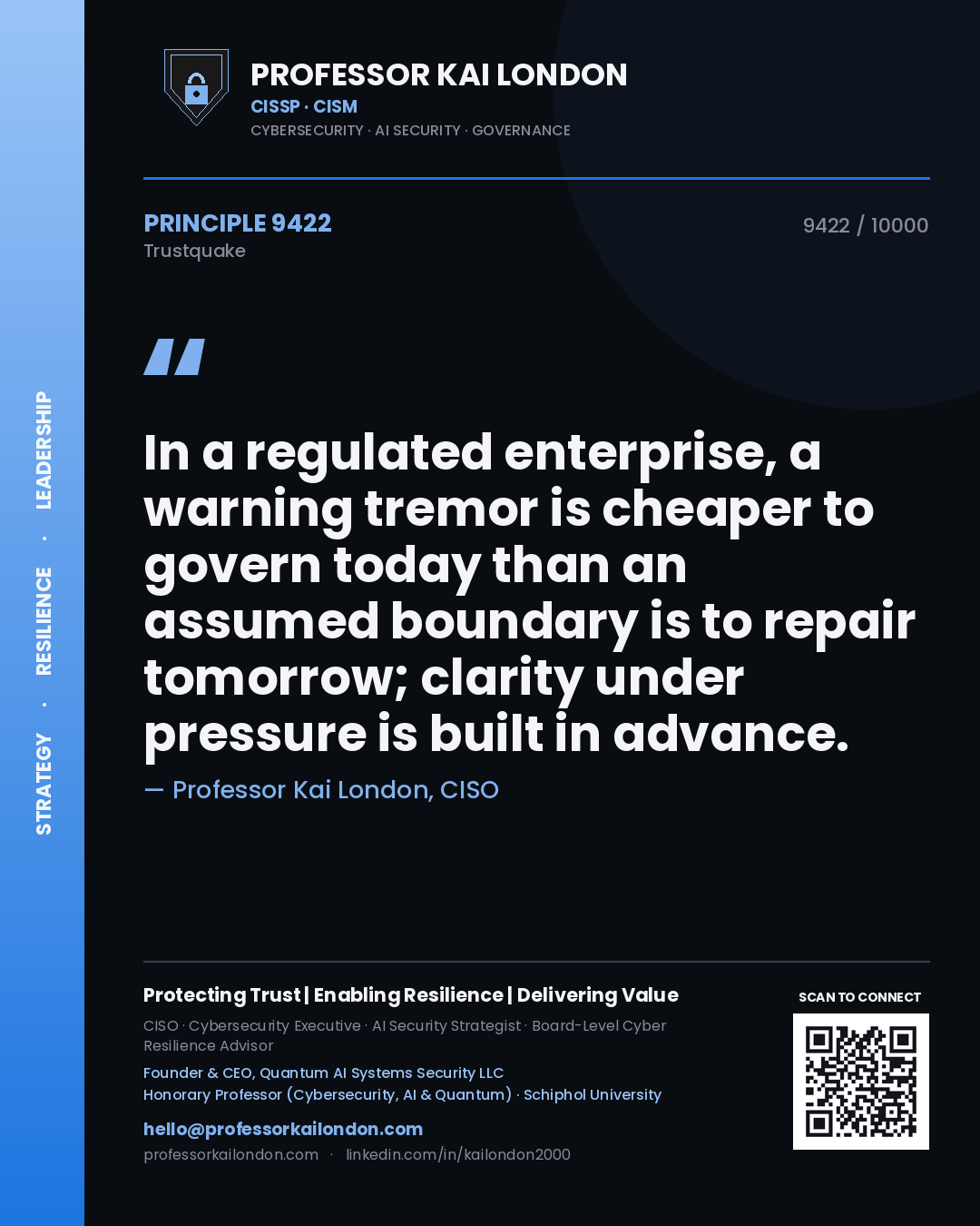 Quote card by Professor Kai London reading 'In a regulated enterprise, a warning tremor is cheaper to govern today than an assumed boundary is to repair tomorrow; clarity under pressure is built in advance.'. From the book Trustquake.