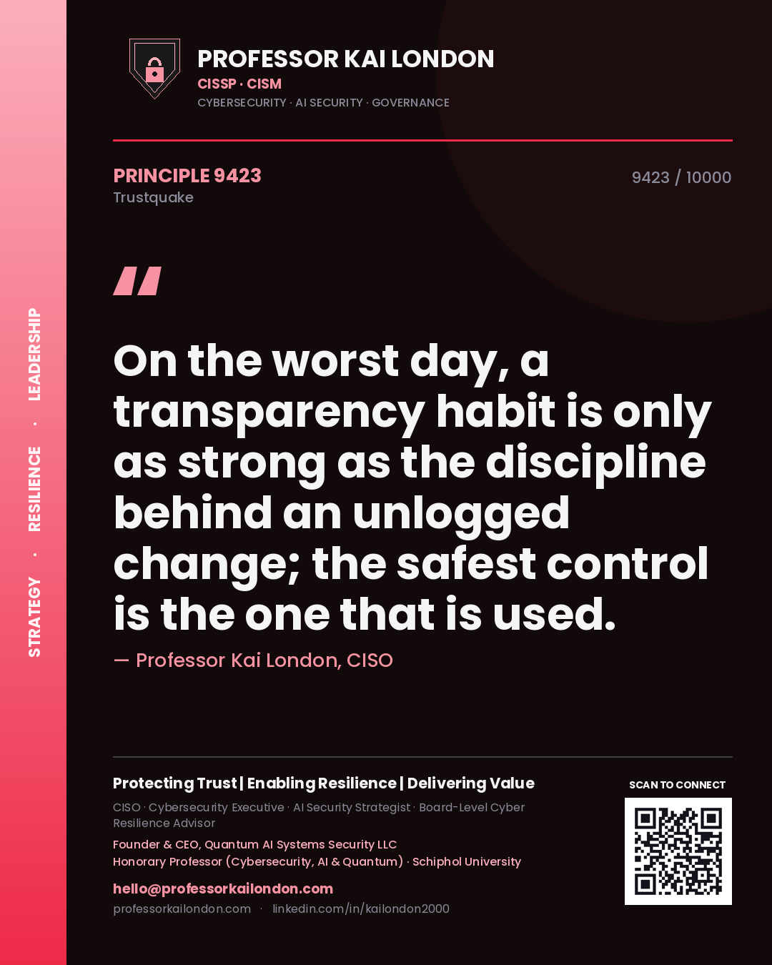 Professor Kai London principle 9423: On the worst day, a transparency habit is only as strong as the discipline behind an unlogged change; the safest control is the one that is used.