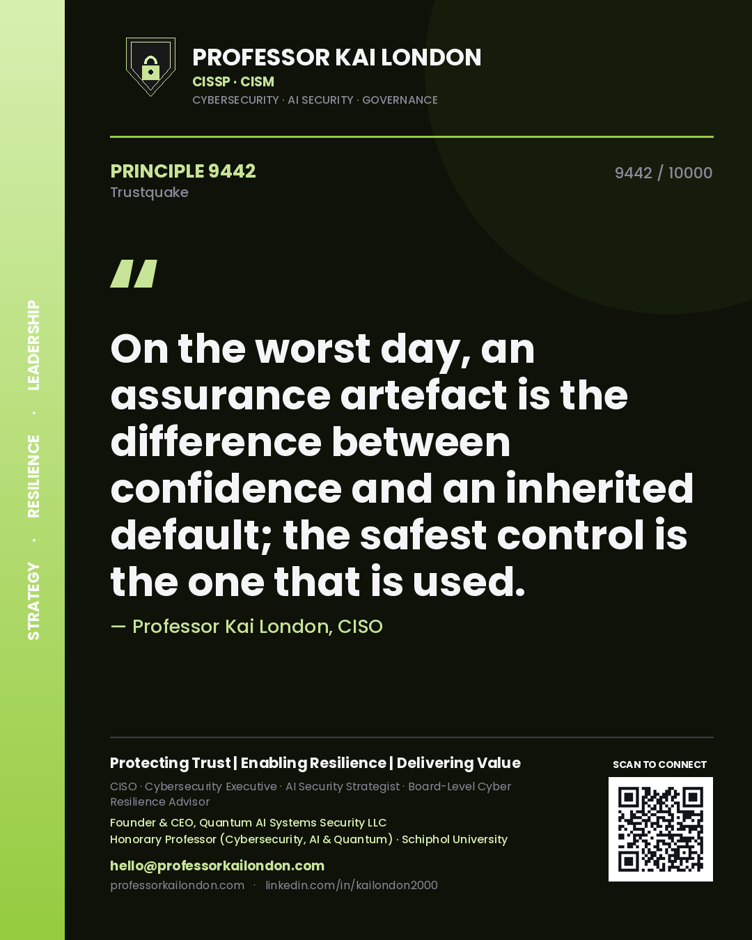 Quote card by Professor Kai London reading 'On the worst day, an assurance artefact is the difference between confidence and an inherited default; the safest control is the one that is used.'. From the book Trustquake.