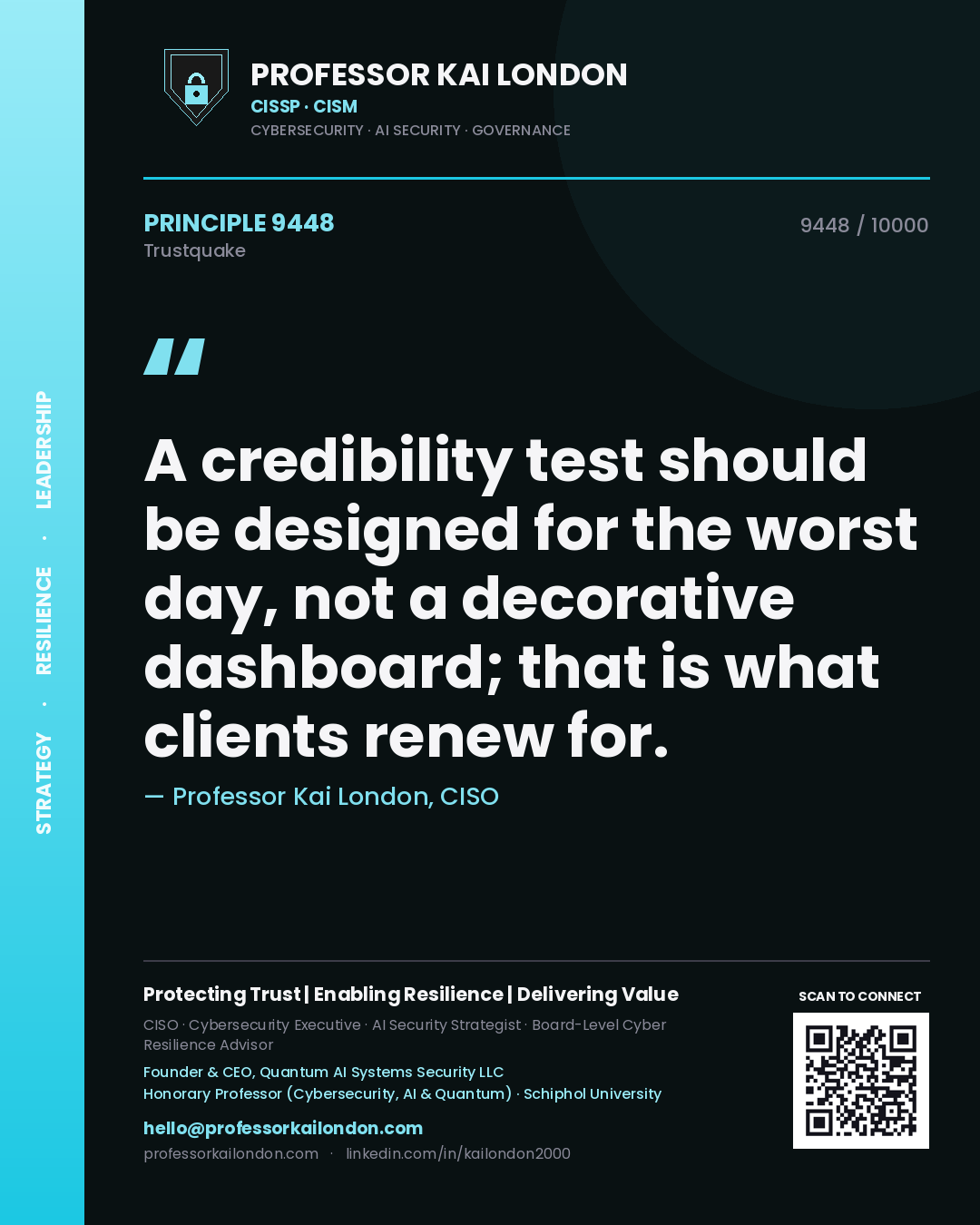 Quote card by Professor Kai London reading 'A credibility test should be designed for the worst day, not a decorative dashboard; that is what clients renew for.'. From the book Trustquake.