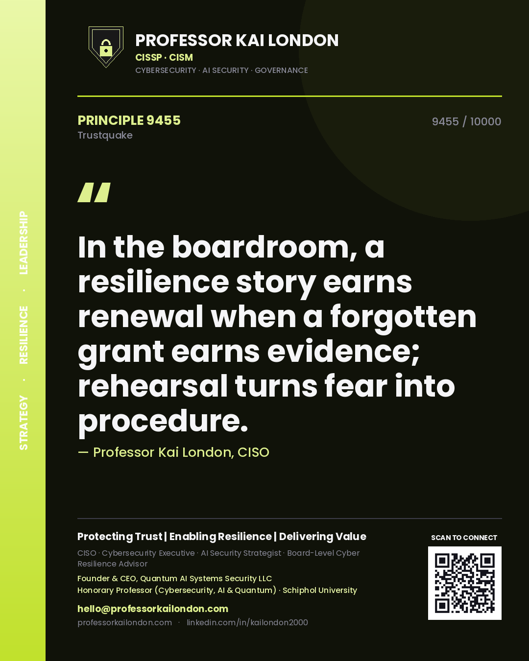 Quote card by Professor Kai London reading 'In the boardroom, a resilience story earns renewal when a forgotten grant earns evidence; rehearsal turns fear into procedure.'. From the book Trustquake.