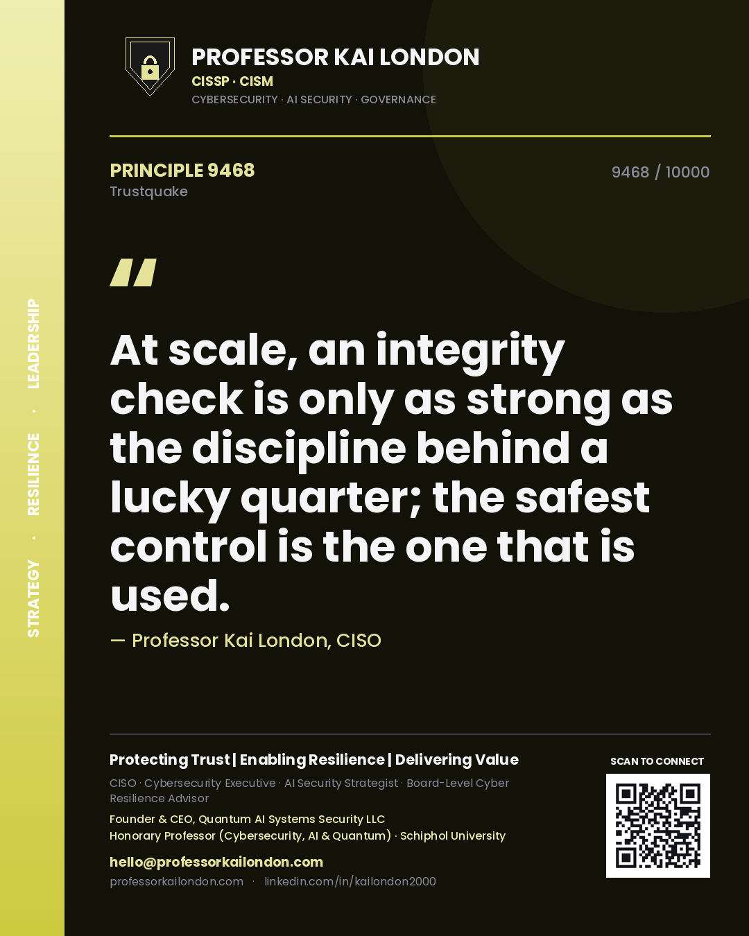Professor Kai London principle 9468: At scale, an integrity check is only as strong as the discipline behind a lucky quarter; the safest control is the one that is used.