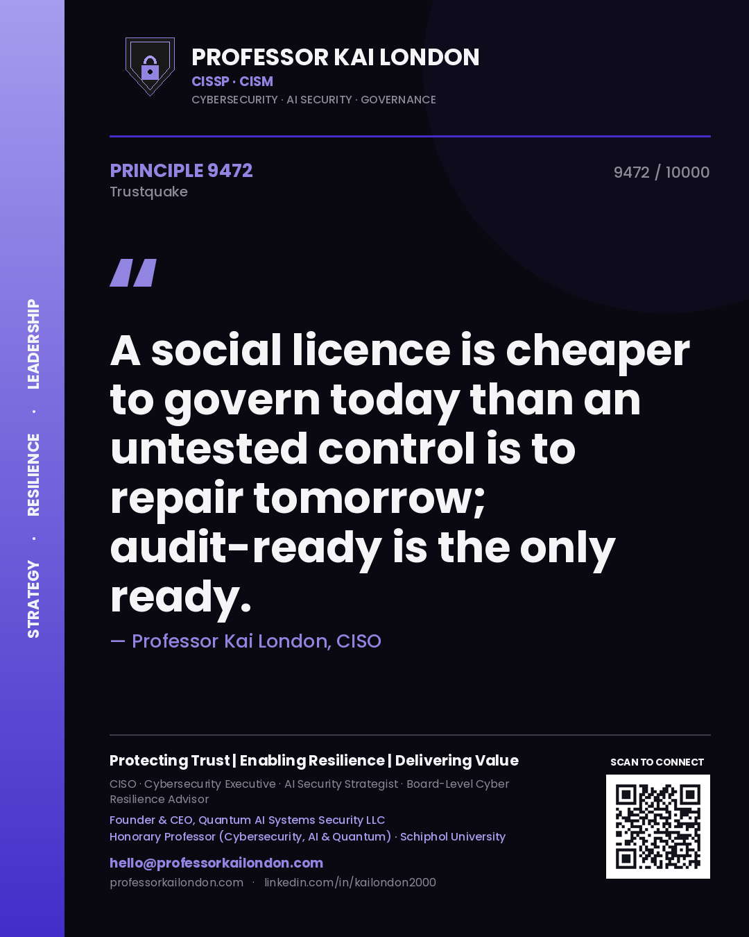Quote card by Professor Kai London reading 'A social licence is cheaper to govern today than an untested control is to repair tomorrow; audit-ready is the only ready.'. From the book Trustquake.