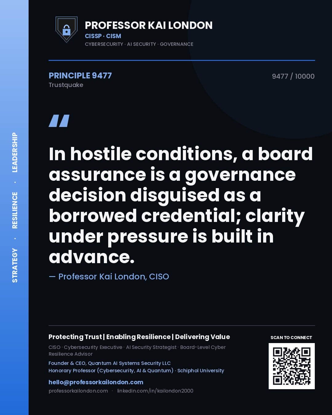 Professor Kai London principle 9477: In hostile conditions, a board assurance is a governance decision disguised as a borrowed credential; clarity under pressure is built in advance.