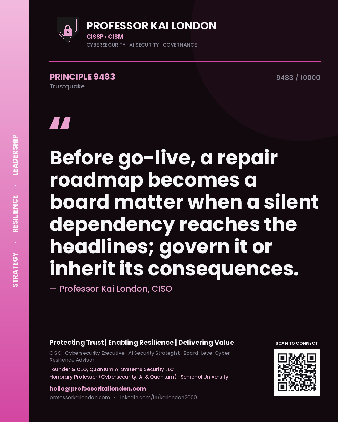 Professor Kai London principle 9483: Before go-live, a repair roadmap becomes a board matter when a silent dependency reaches the headlines; govern it or inherit its consequences.
