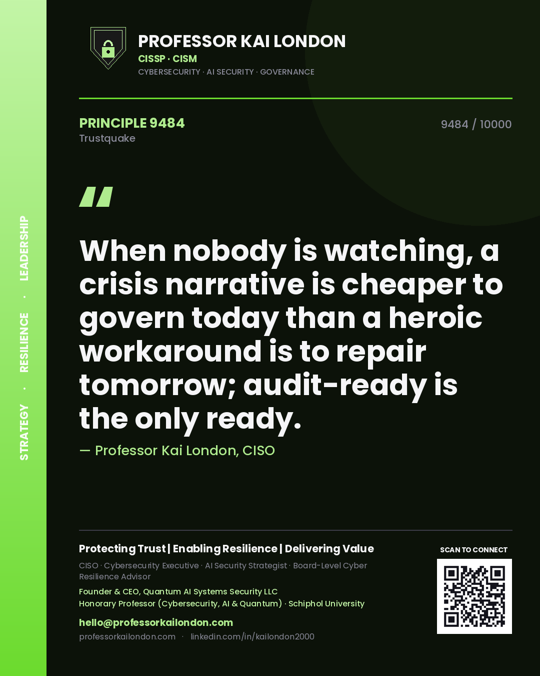 Quote card by Professor Kai London reading 'When nobody is watching, a crisis narrative is cheaper to govern today than a heroic workaround is to repair tomorrow; audit-ready is the only ready.'. From the book Trustquake.