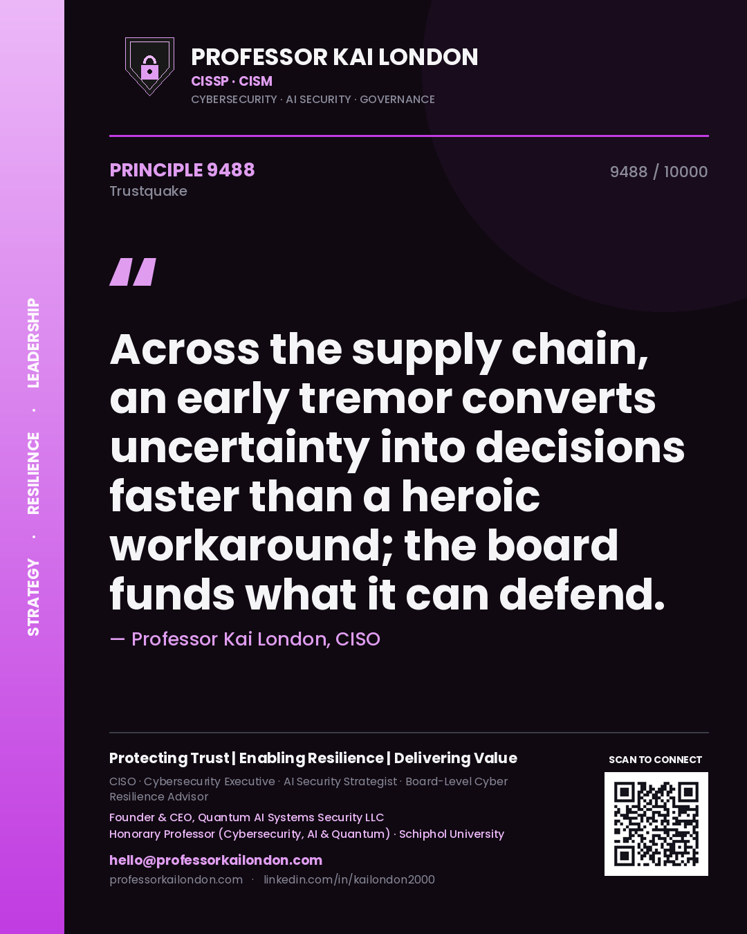 Quote card by Professor Kai London reading 'Across the supply chain, an early tremor converts uncertainty into decisions faster than a heroic workaround; the board funds what it can defend.'. From the book Trustquake.