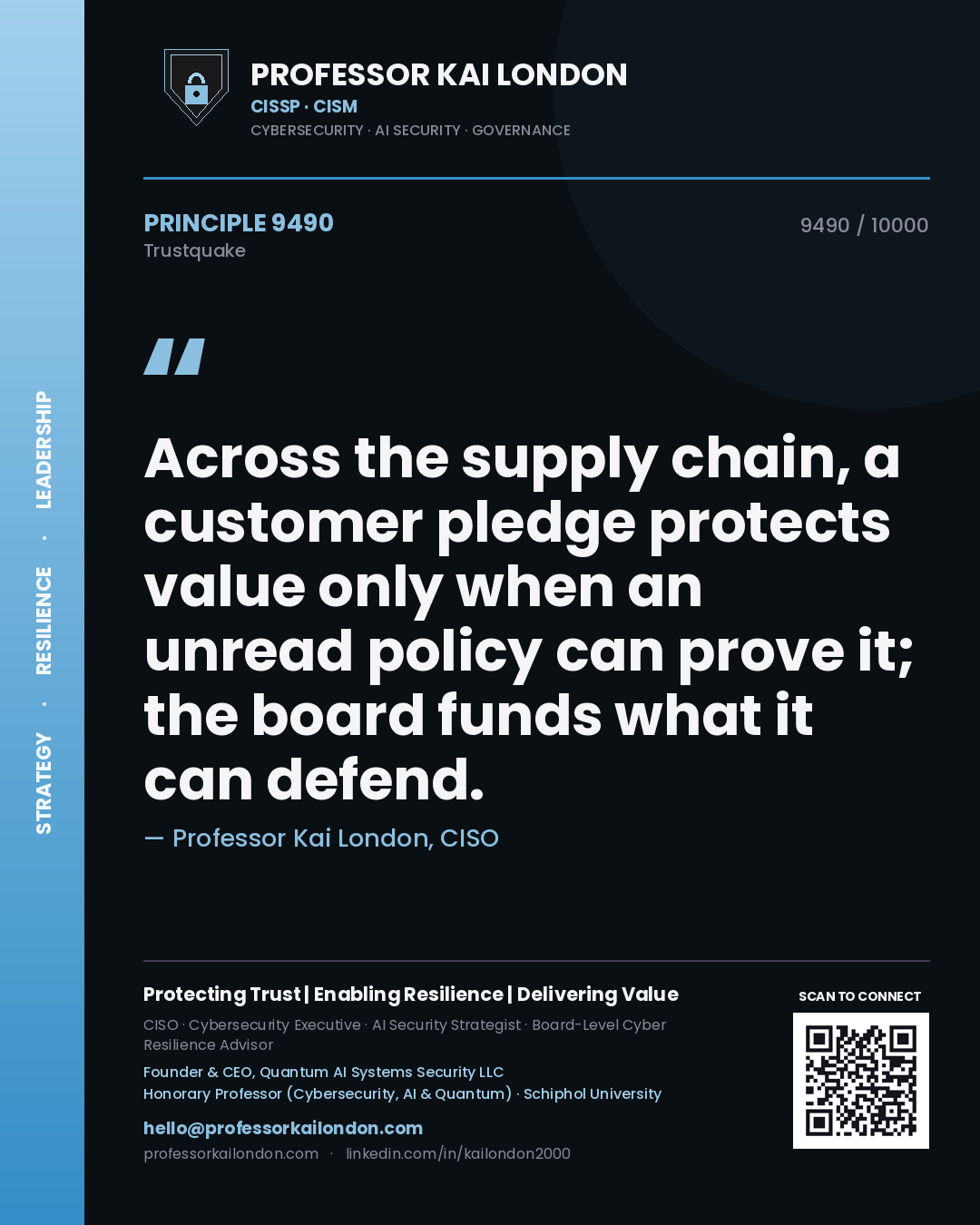 Professor Kai London principle 9490: Across the supply chain, a customer pledge protects value only when an unread policy can prove it; the board funds what it can defend.