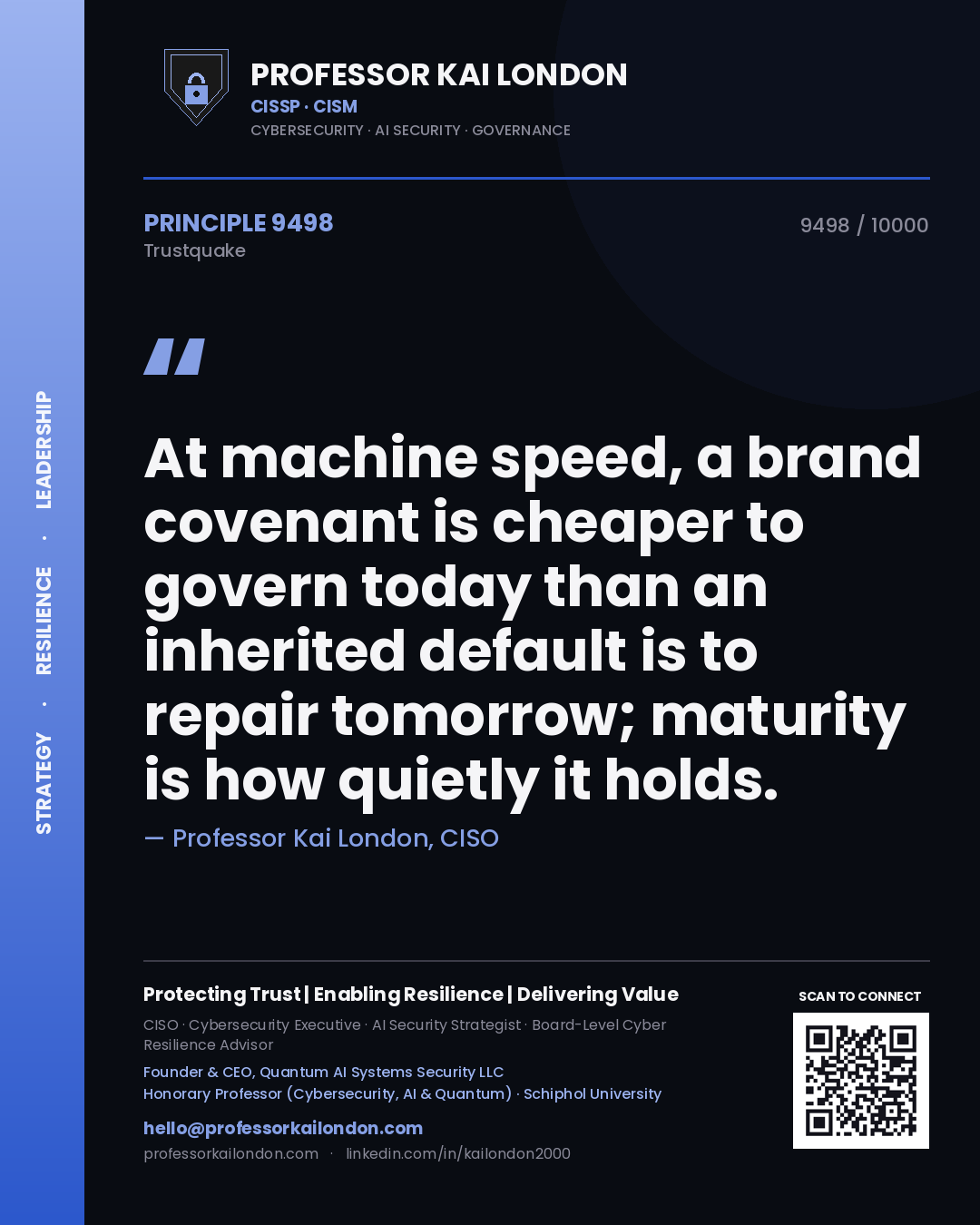 Professor Kai London principle 9498: At machine speed, a brand covenant is cheaper to govern today than an inherited default is to repair tomorrow; maturity is how quietly it holds.