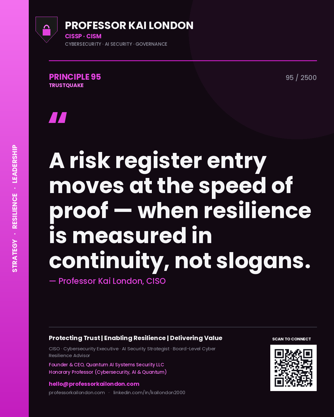 Professor Kai London principle 95: A risk register entry moves at the speed of proof — when resilience is measured in continuity, not slogans.