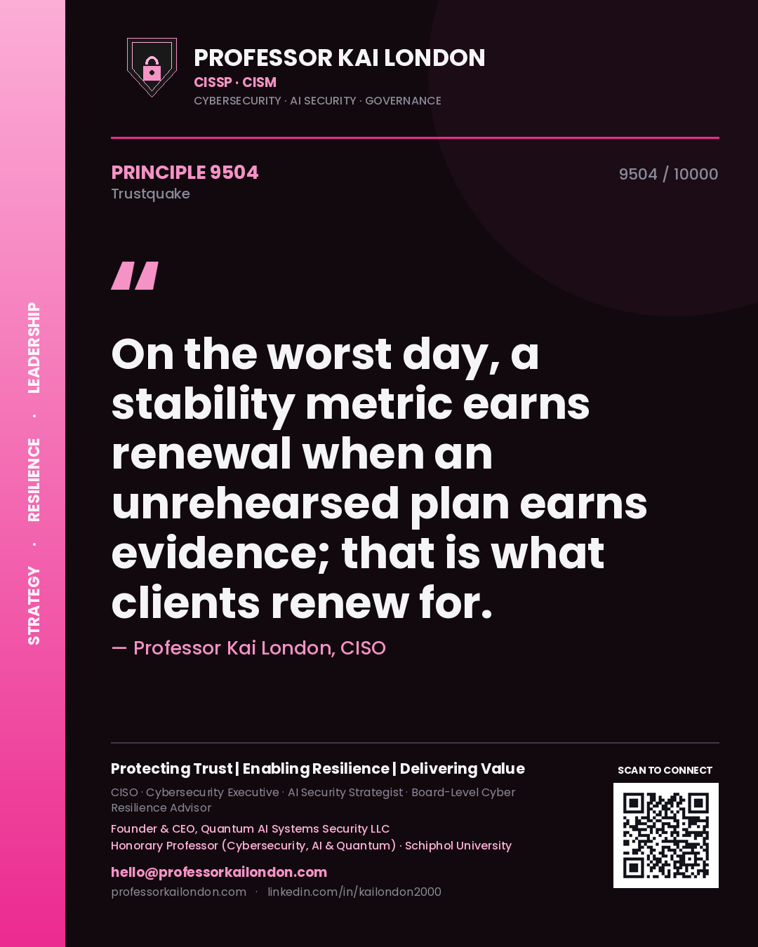 Quote card by Professor Kai London reading 'On the worst day, a stability metric earns renewal when an unrehearsed plan earns evidence; that is what clients renew for.'. From the book Trustquake.