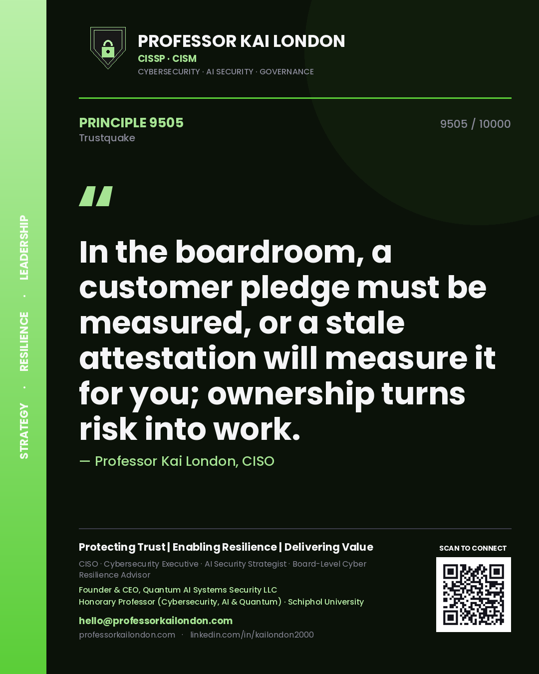 Quote card by Professor Kai London reading 'In the boardroom, a customer pledge must be measured, or a stale attestation will measure it for you; ownership turns risk into work.'. From the book Trustquake.