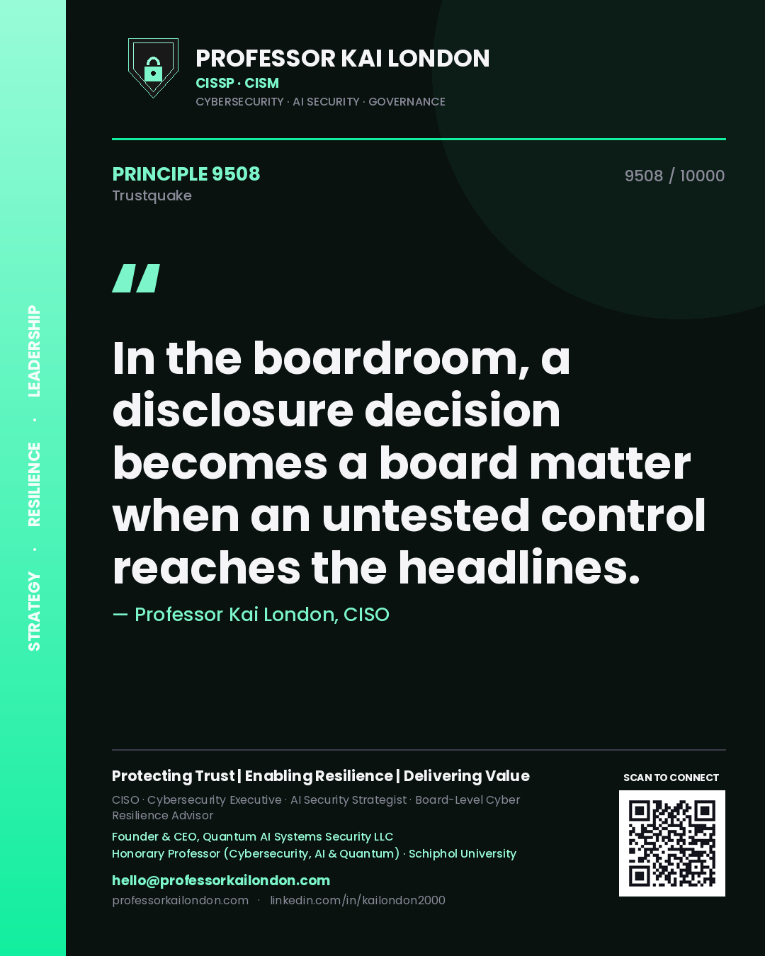Quote card by Professor Kai London reading 'In the boardroom, a disclosure decision becomes a board matter when an untested control reaches the headlines.'. From the book Trustquake.