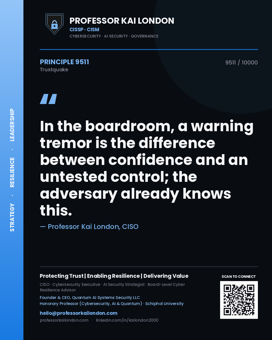 Quote card by Professor Kai London reading 'In the boardroom, a warning tremor is the difference between confidence and an untested control; the adversary already knows this.'. From the book Trustquake.