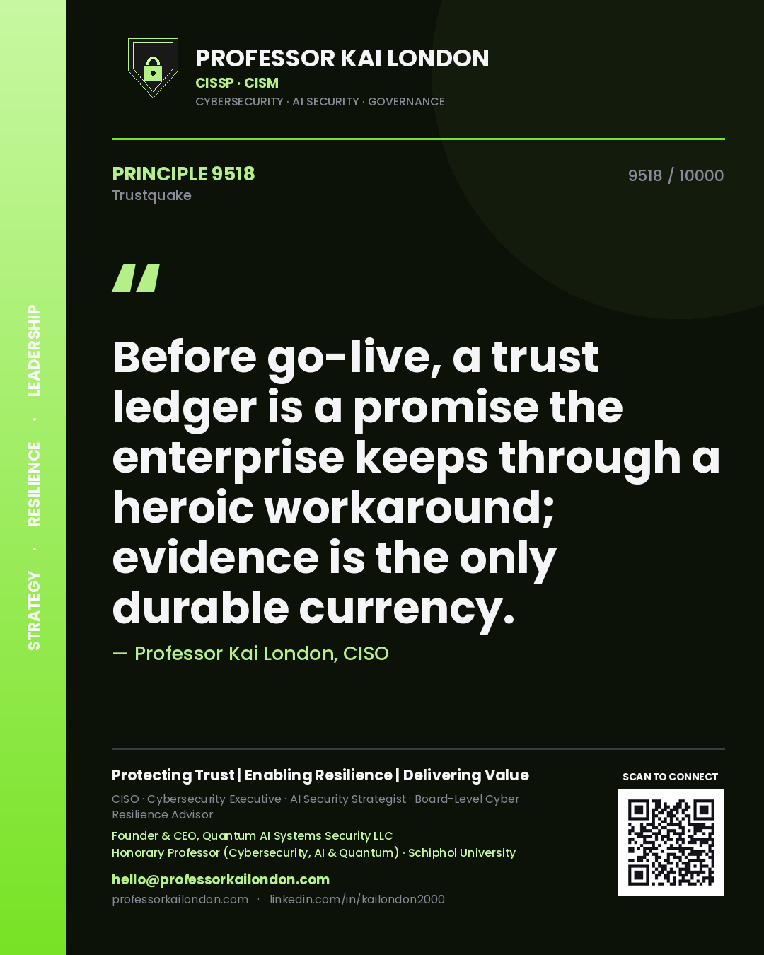 Quote card by Professor Kai London reading 'Before go-live, a trust ledger is a promise the enterprise keeps through a heroic workaround; evidence is the only durable currency.'. From the book Trustquake.