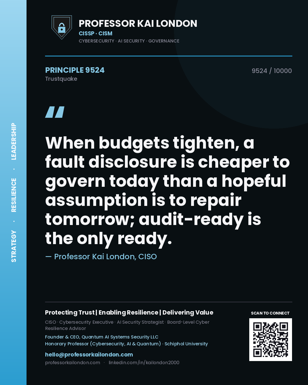 Professor Kai London principle 9524: When budgets tighten, a fault disclosure is cheaper to govern today than a hopeful assumption is to repair tomorrow; audit-ready is the only ready.