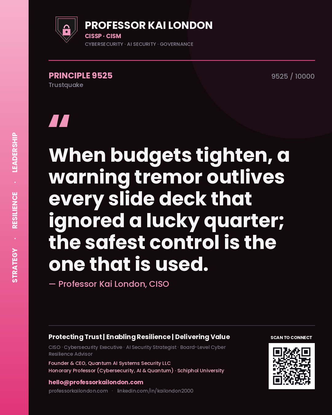 Quote card by Professor Kai London reading 'When budgets tighten, a warning tremor outlives every slide deck that ignored a lucky quarter; the safest control is the one that is used.'. From the book Trustquake.