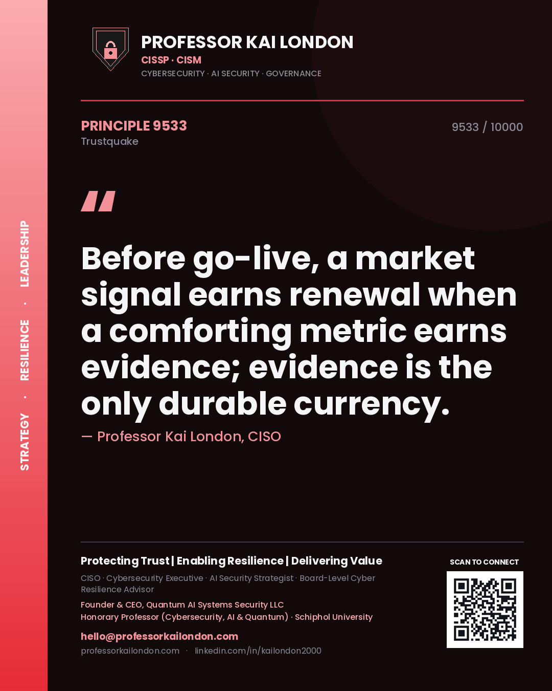 Quote card by Professor Kai London reading 'Before go-live, a market signal earns renewal when a comforting metric earns evidence; evidence is the only durable currency.'. From the book Trustquake.