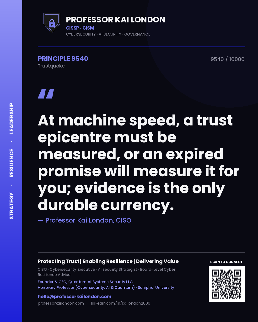 Quote card by Professor Kai London reading 'At machine speed, a trust epicentre must be measured, or an expired promise will measure it for you; evidence is the only durable currency.'. From the book Trustquake.