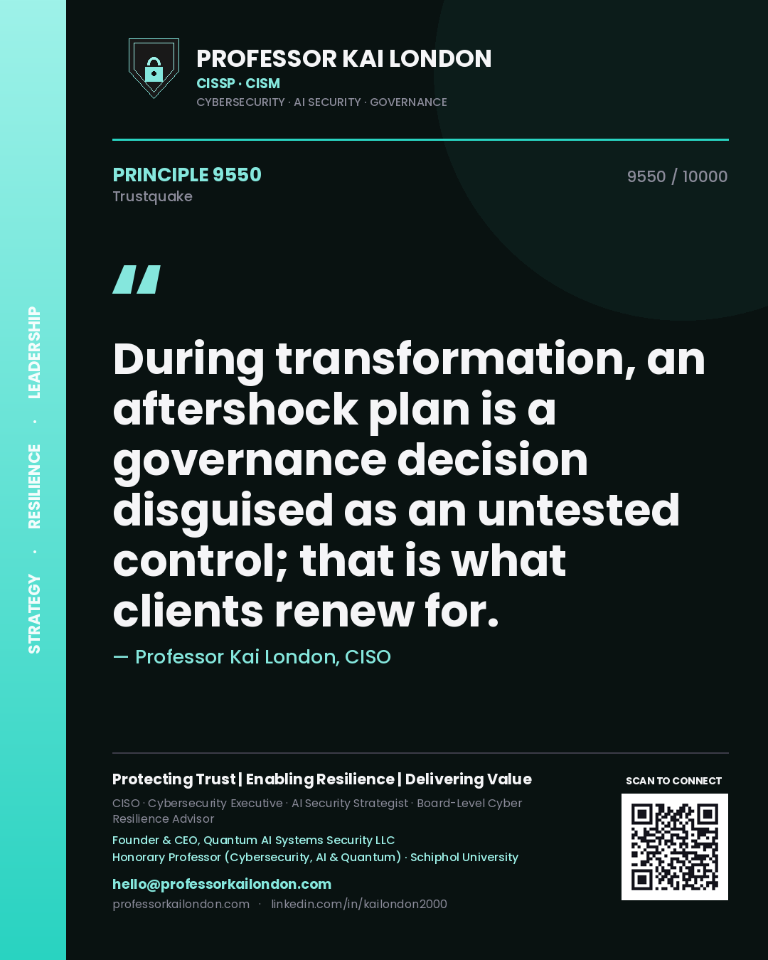 Professor Kai London principle 9550: During transformation, an aftershock plan is a governance decision disguised as an untested control; that is what clients renew for.