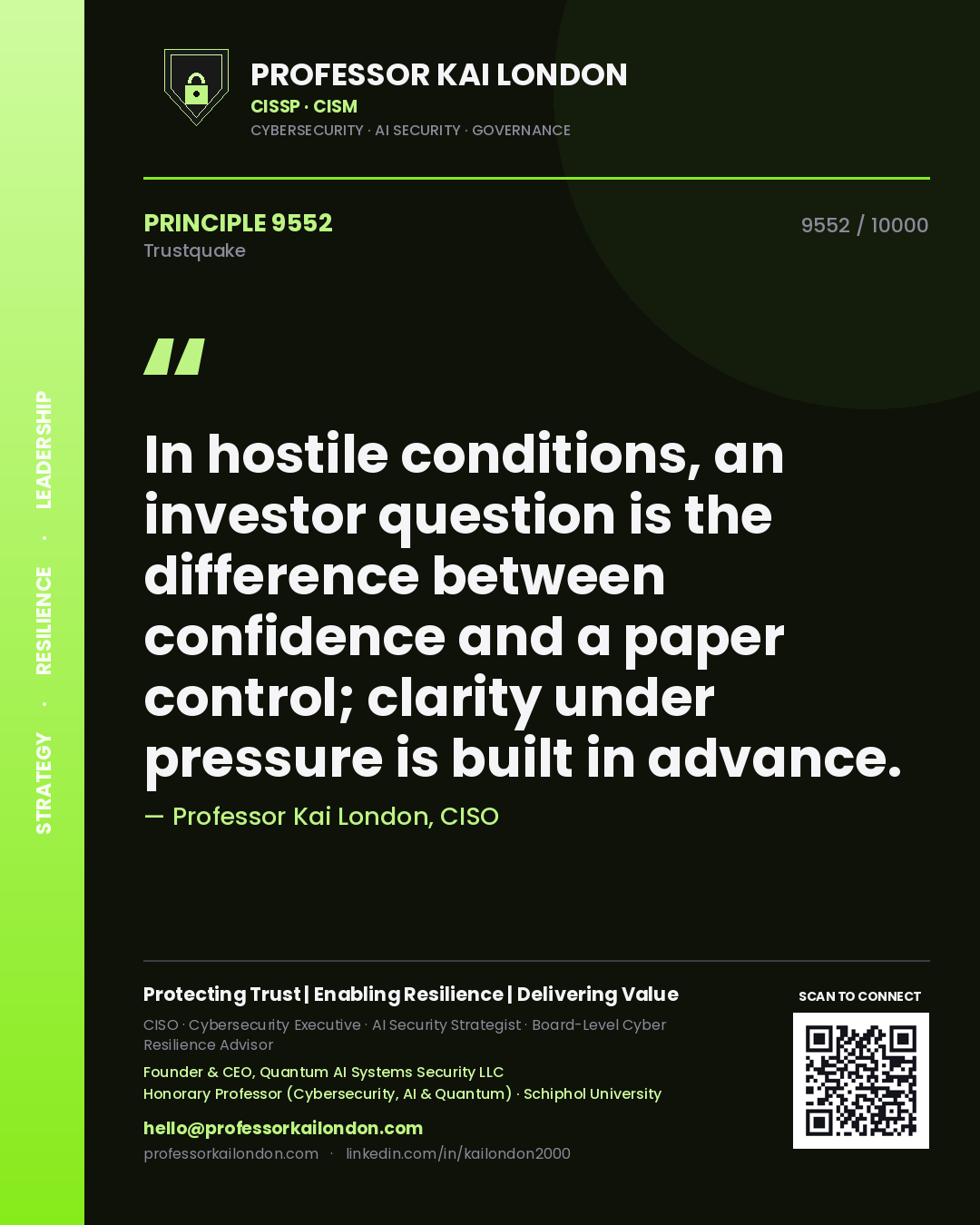 Quote card by Professor Kai London reading 'In hostile conditions, an investor question is the difference between confidence and a paper control; clarity under pressure is built in advance.'. From the book Trustquake.