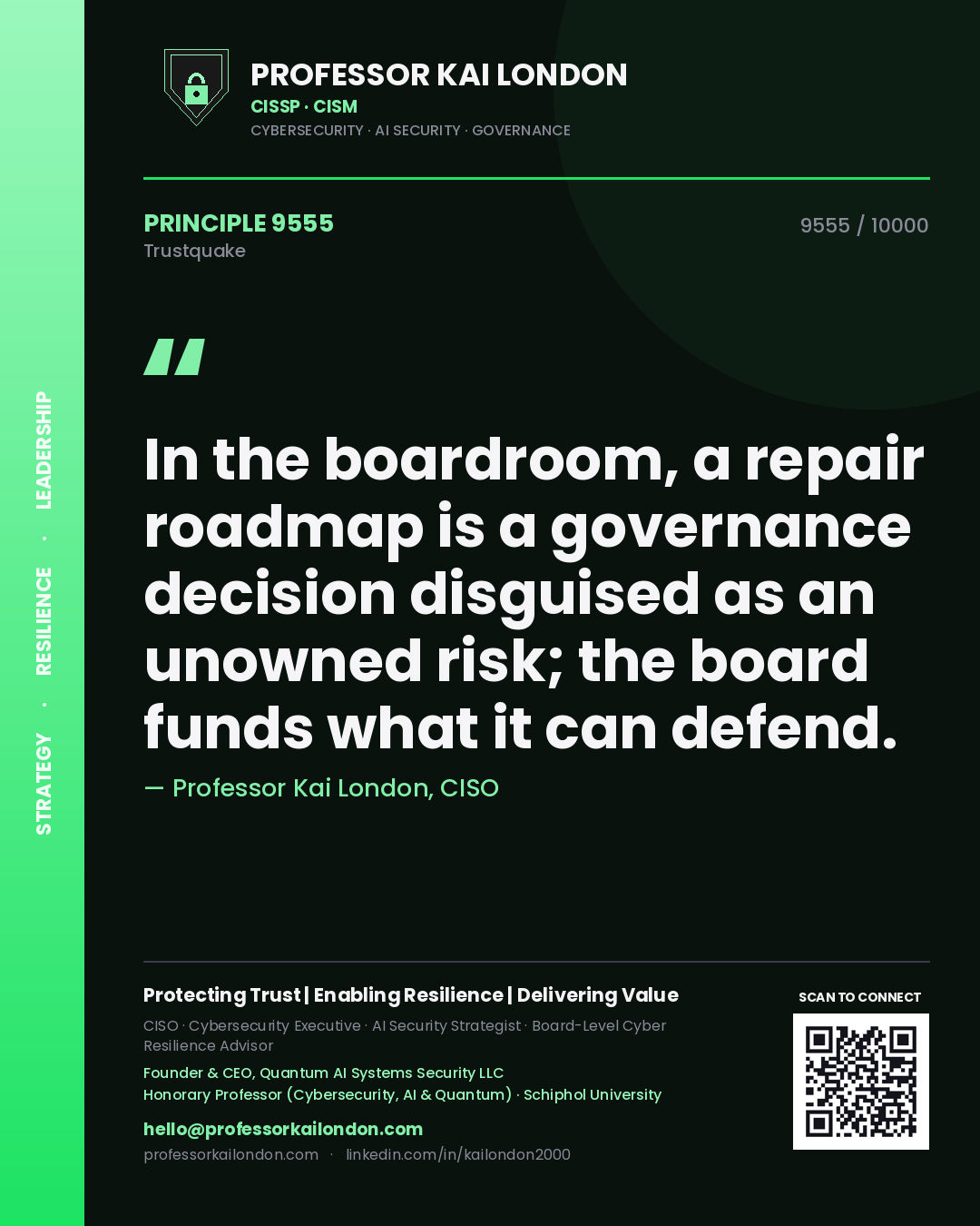 Quote card by Professor Kai London reading 'In the boardroom, a repair roadmap is a governance decision disguised as an unowned risk; the board funds what it can defend.'. From the book Trustquake.