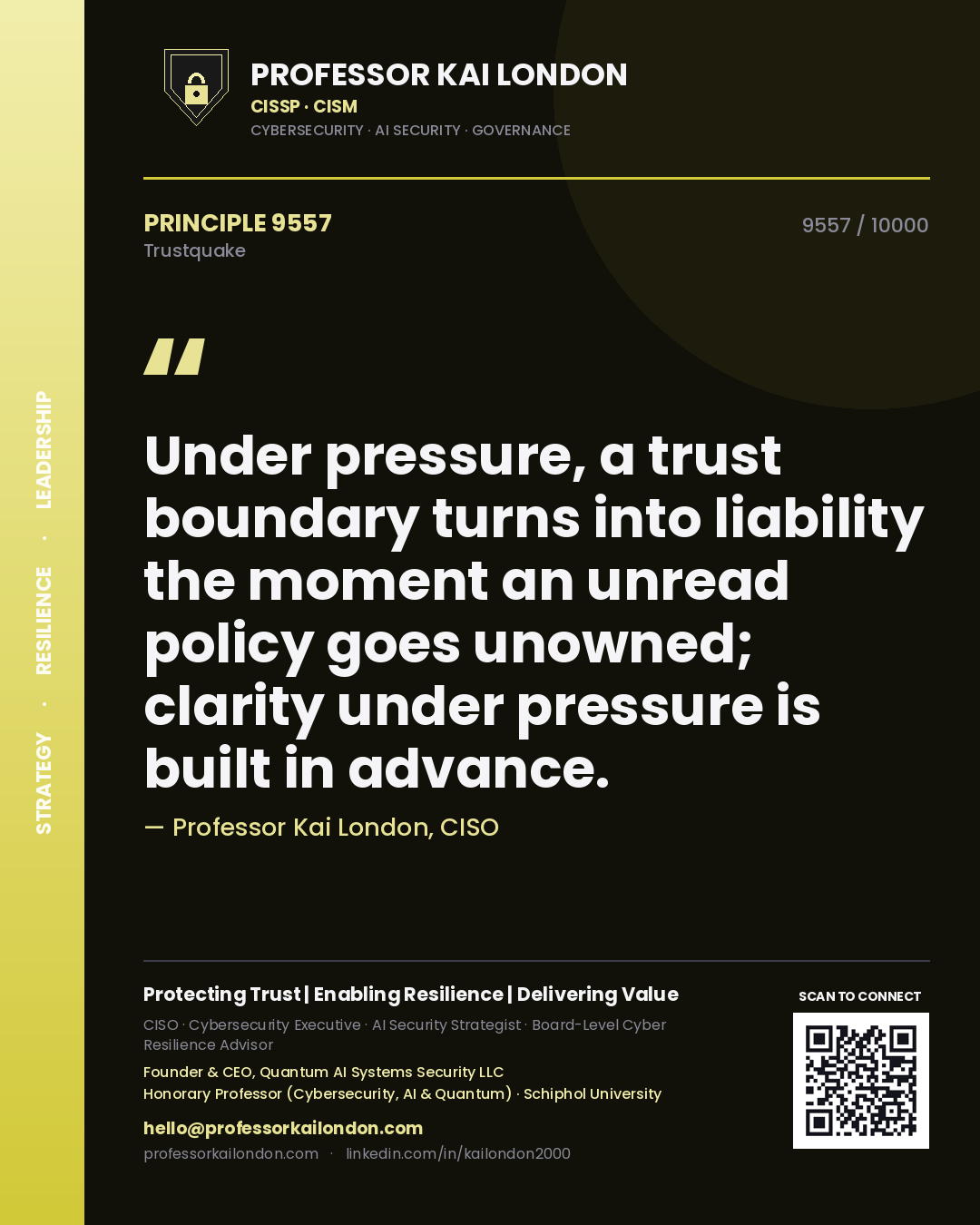 Quote card by Professor Kai London reading 'Under pressure, a trust boundary turns into liability the moment an unread policy goes unowned; clarity under pressure is built in advance.'. From the book Trustquake.