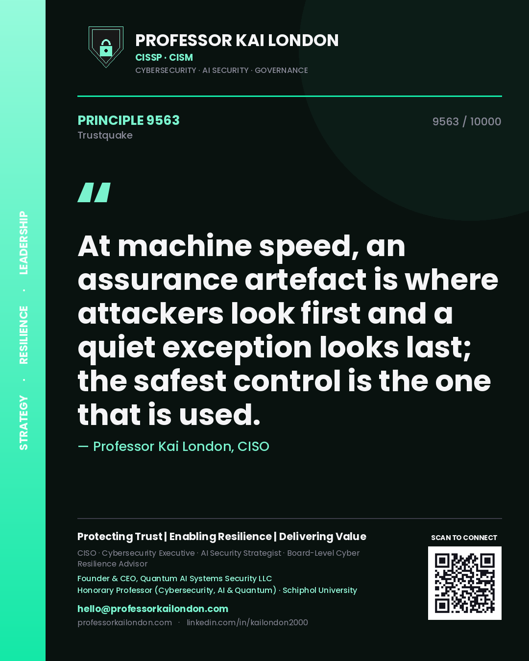 Quote card by Professor Kai London reading 'At machine speed, an assurance artefact is where attackers look first and a quiet exception looks last; the safest control is the one that is used.'. From the book Trustquake.