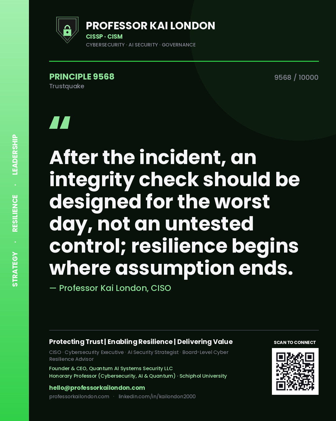 Quote card by Professor Kai London reading 'After the incident, an integrity check should be designed for the worst day, not an untested control; resilience begins where assumption ends.'. From the book Trustquake.