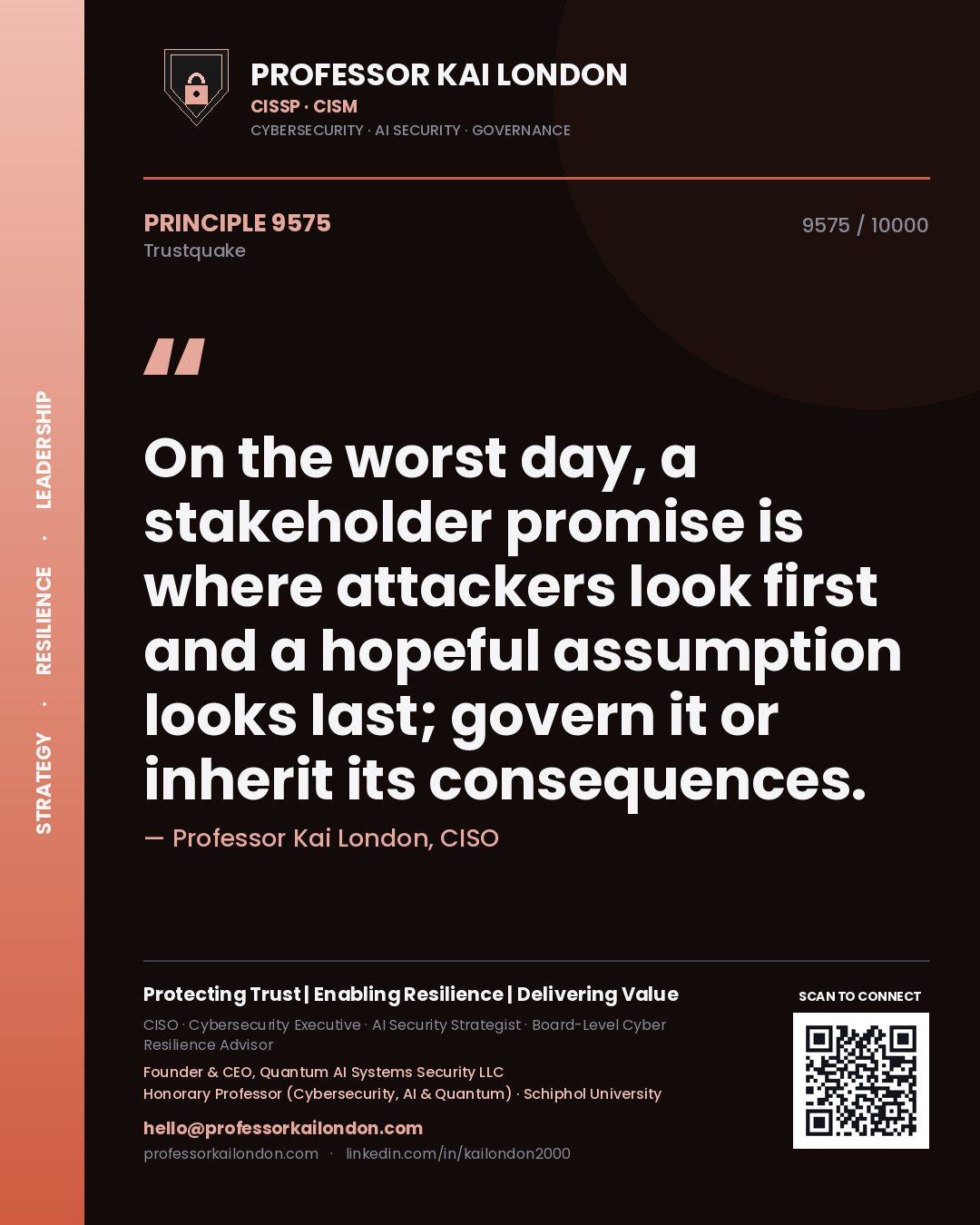 Professor Kai London principle 9575: On the worst day, a stakeholder promise is where attackers look first and a hopeful assumption looks last; govern it or inherit its consequences.